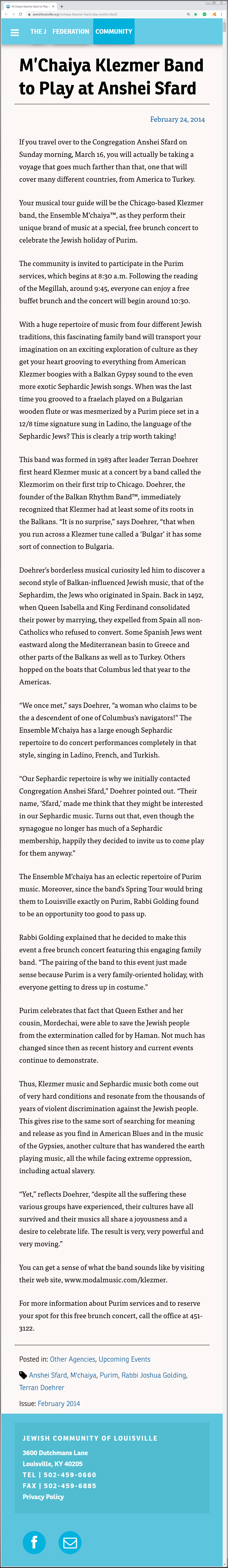 Article on the Louisville, Kentucky Jewish Federation’s February 14, 2014 Jewish Community News web page about the Ensemble M’chaiya (tm).